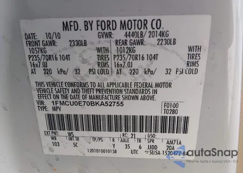 2011 Ford Escape Limited z USA, uszkodzony, nr VIN 1FMCU0E70BKA52755
